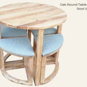 Oak Round Table + 4 Upholstered Stool Set